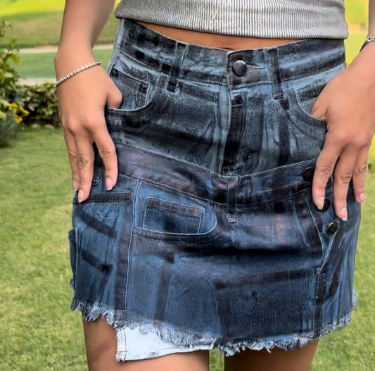 metallic double denim skirt